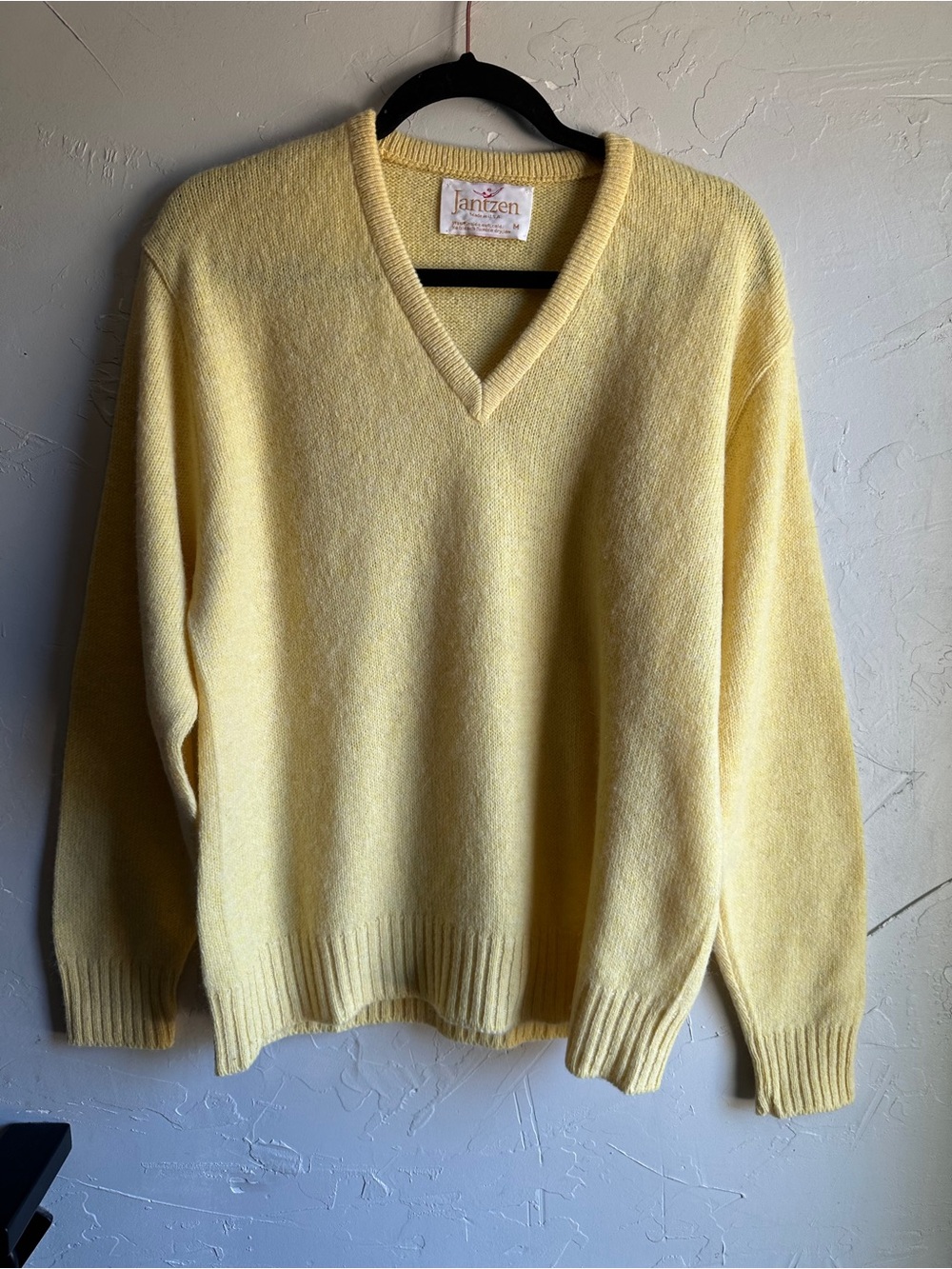 Vintage Jantzen Butter Yellow V Neck Sweater 90s Preppy Unisex M Retro USA Made